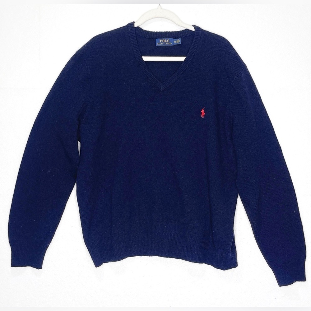 Polo Ralph Lauren Men’s 100% Lambs Wool V-Neck Sweater Embroidered Logo XL Navy
